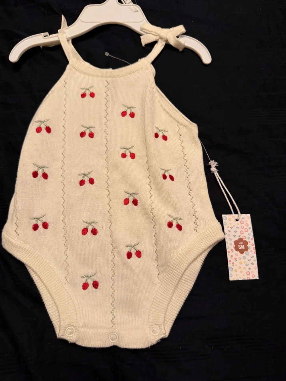 Cream Knit Cherry-Embroidered Baby One-Piece Romper by Between
